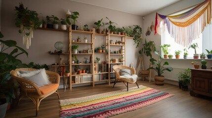 Interior of living room with shelving unit, houseplants and armchair, generative ai