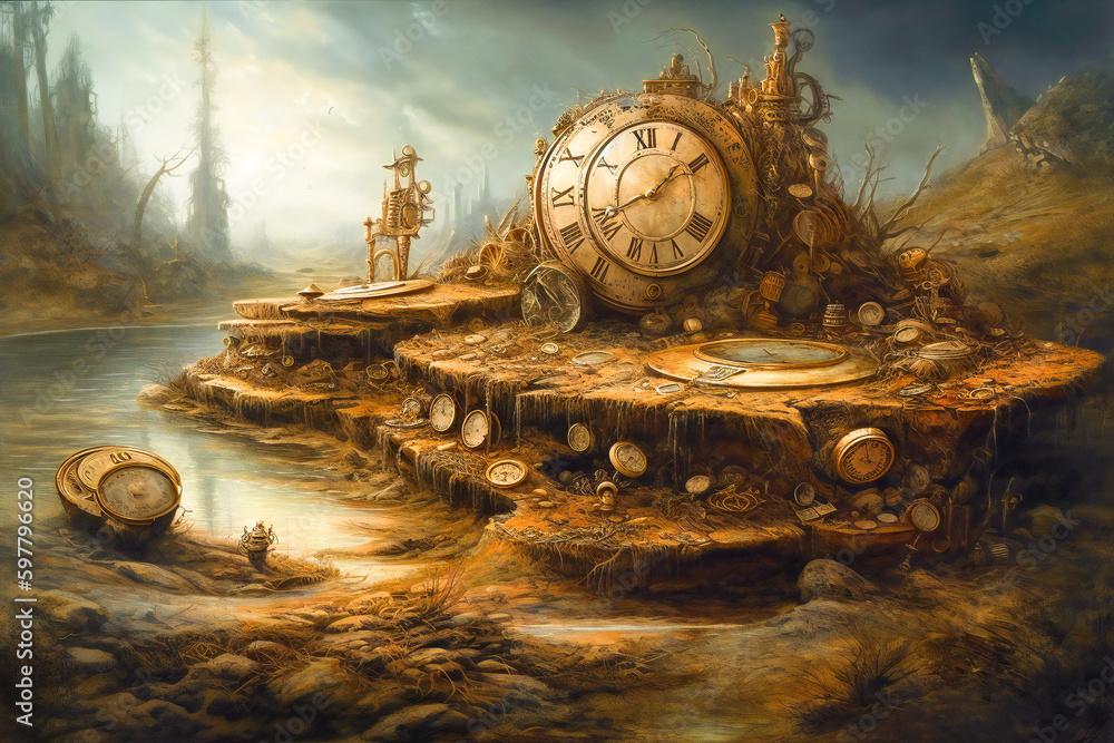 Poster surreal composition of rusty clocks. time related concept. created with generative ai technology.