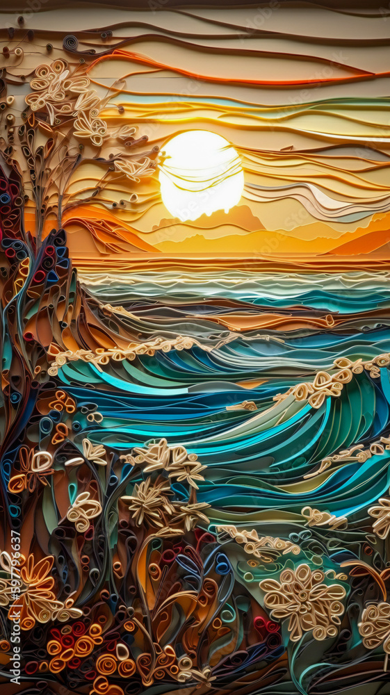 Poster paper quilling art representing a landscape with water, sky and trees. created with generative ai te