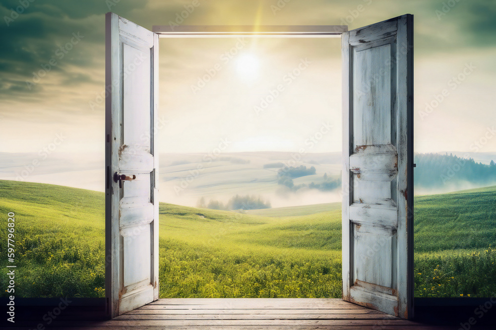 Poster surrealistic image of an opened door in nature. new decision or alternative concept. created with ge