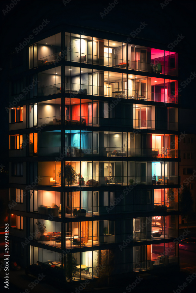 Poster night view of a group of colorful apartments. created with generative ai technology.