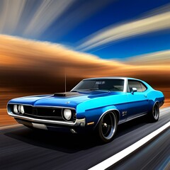 sideview of blue muscle car going very fast on road. Generative AI