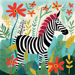 A Happy Zebra Vector Style Illustration Colorful Floral Background Generative Ai Digital Illustration Part#290423