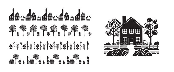 Quirky house with group of forest borders in vector motif organic style. Hand drawn whimsical linocut cityscape house for rural graphic.