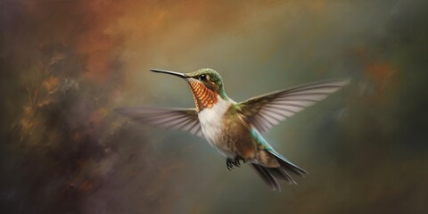 Fototapeta premium A hummingbird frozen mid-flight, contrasting its rapid wingbeats against a serene, pastel canvas, concept of Motionlessness, created with Generative AI technology