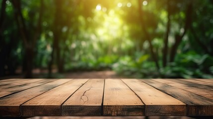 Wooden table top and green trees blurred background. Generative AI