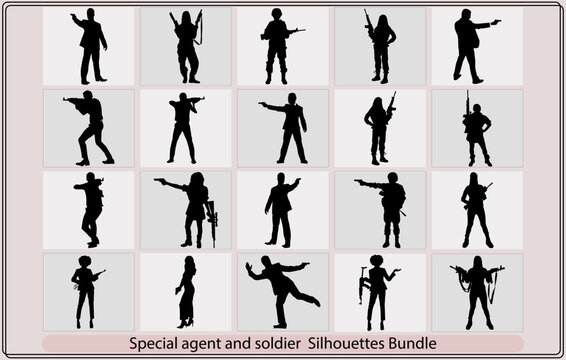 SWAT team soldier shooting while rappelling upside down vector silhouette,Silhouette of a female heroine in action carrying automatic rifle gun weapon,
