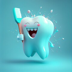 Healthy happy white tooth with Toothbrush on blue background, dentist and teeth cleaning dental treatment concept. - obrazy, fototapety, plakaty
