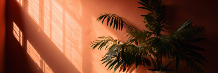 Shadows cast on a pastel room wall with tropical summer plants. Background mockup for product display. Generative ai