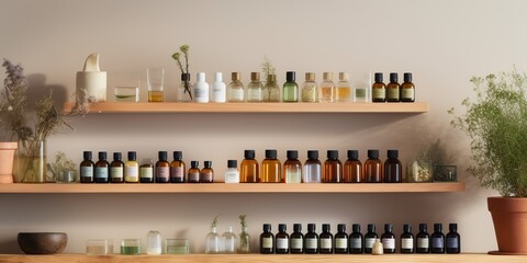 Neatly arranged shelf of essential oils and herbs, illustrating the art of natural remedies, concept of Organic living essentials, created with Generative AI technology - obrazy, fototapety, plakaty