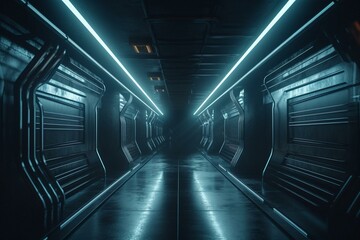 Futuristic dark hall with neon lights, smoke and grunge concrete. Empty gallery room with white glowing spotlights. 3D rendered tunnel corridor. Generative AI