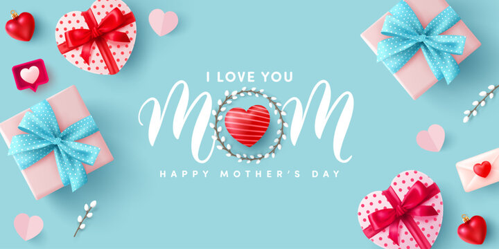 Mother's Day Poster or banner with Heart Shaped Gift Box and pink gift box on blue background.Promotion and shopping template or background for Love and Mother's day concept