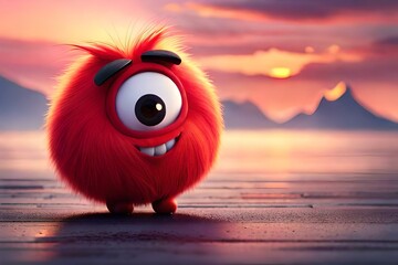 Fototapeta premium Cute furry monster with red heart. Generative AI