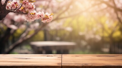 Naklejka na ściany i meble Empty wooden table for product display background, banner and product advertisement mock up with a beautiful cherry blossom behind, AI generated