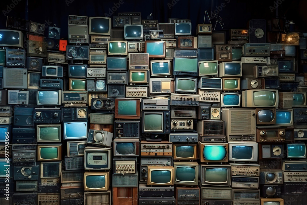 Wall mural wall of vintage tvs. digitally generated ai image