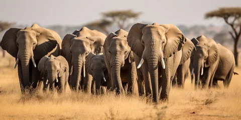 Fotobehang A herd of elephants walking together across the savanna, concept of Animal migration, created with Generative AI technology © koldunova