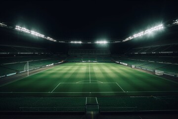 Fototapeta na wymiar Lit-up green stadium with spotlights shining on soccer field. Generative AI