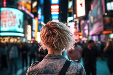 Fototapeta premium Young beautiful woman walking in Time square, Manhattan. AI