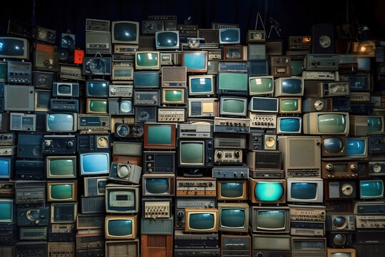 Wall of vintage TVs. Digitally generated ai image