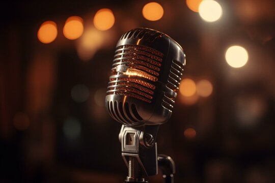 Old-style mic on stage with blurred lights. Generative AI