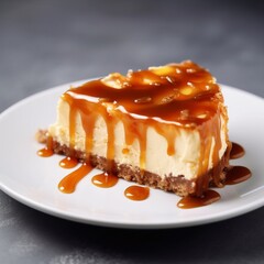 Classic cheesecake with caramel on a plate. Generative AI.