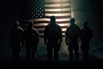 USA army soldier with nation flag. Greeting card for Veterans Day , Memorial Day, Independence Day, AI