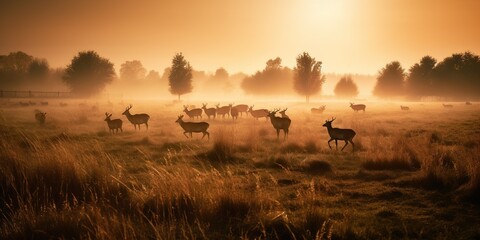 Plakat A herd of deer grazing in a meadow at dawn, concept of Wildlife conservation, created with Generative AI technology