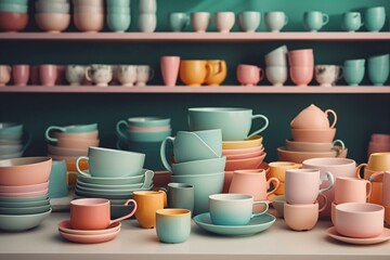 Fototapeta na wymiar Shop selling pastel-colored tableware including cups, bowls, and dishes. Generative AI