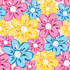 Fototapeta na wymiar Vector seamless pattern with hand drawn colorful flowers. yellow, blue and pink decorative botanical elements.
