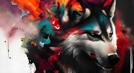 Blood thisthy wolf with red eyes with splashing colors. Generative AI.