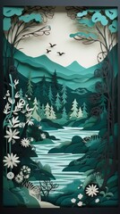 Paper cut art work with green nature forest. Generative AI