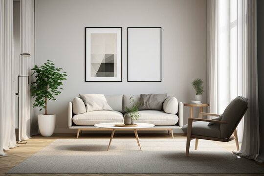 Minimalist modern living room with a blank frame mockup. Illustration. Generative AI