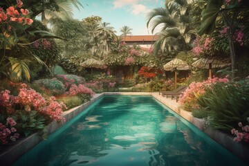 Illustration of a paradise swimming pool surrounded by tropical flowers for summer relaxation, spa, and tourism. Generative AI