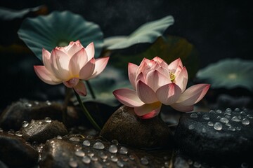 Two lotus flowers with stones. Generative AI