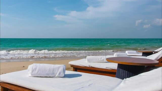 vacation at the blue ocean paradise beach in Thailand. blue sky sandy beach with a relaxation vipe in summer holiday season. taking vacation to tropical sea and refreshing in the nature. luxury hotel