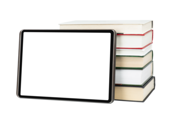 Digital tablet with blank display with books isolated on transparent background. E-learning concept