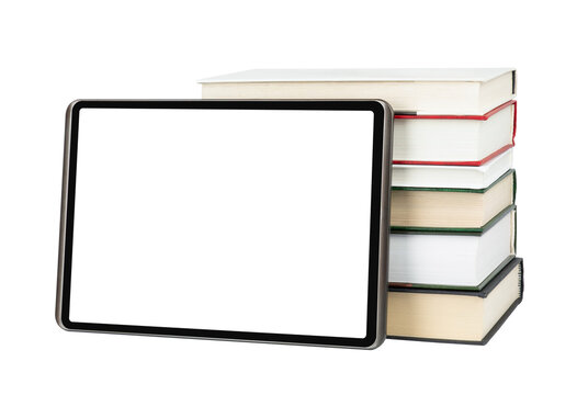 Digital tablet with blank display with books isolated on transparent background. E-learning concept