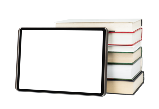 Digital tablet with blank display with books isolated on transparent background. E-learning concept