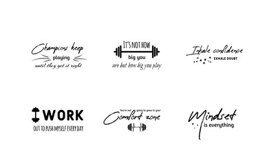 Set hand lettering inscriptions about fitness to motivation quotes posters, black and white inspirational text, calligraphy vector illustration collection