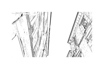 Building view with landmark of  Rimini is the city in Italy. Hand drawn sketch illustration in vector.