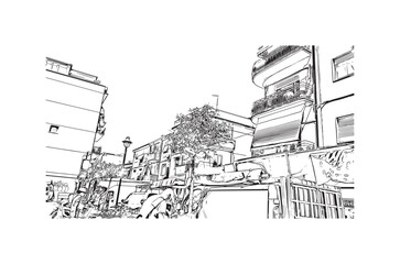 Building view with landmark of  Rimini is the city in Italy. Hand drawn sketch illustration in vector.