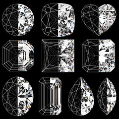 Ten popular diamond shapes with diagrams isolated on black background. 3d illustration