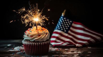 Cupcake and American Flag. Sparklers or fireworks lights burning in a cake. 4th of July, Independence, Presidents Day. Generative ai