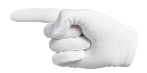 Hand in a white glove pointing at something, cut out
