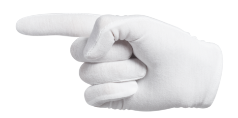 Hand in a white glove pointing at something, cut out