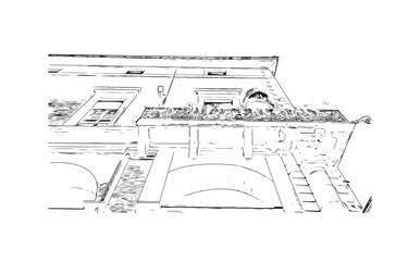 Building view with landmark of  Rimini is the city in Italy. Hand drawn sketch illustration in vector.
