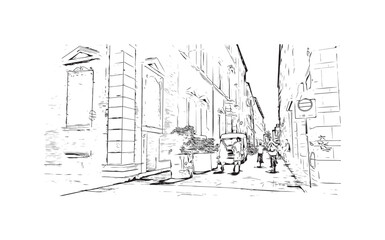 Obraz premium Building view with landmark of Rimini is the city in Italy. Hand drawn sketch illustration in vector.