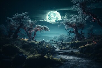 Obraz na płótnie Canvas Magical nocturnal landscape with cosmic trees and enchanting moonlight, evocative of faerie fantasy and mysterious universe. Generative AI