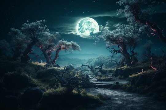 Magical nocturnal landscape with cosmic trees and enchanting moonlight, evocative of faerie fantasy and mysterious universe. Generative AI