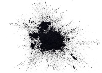 Black powder explosion isolated on white background, charcoal particles concept. Eye shadow....